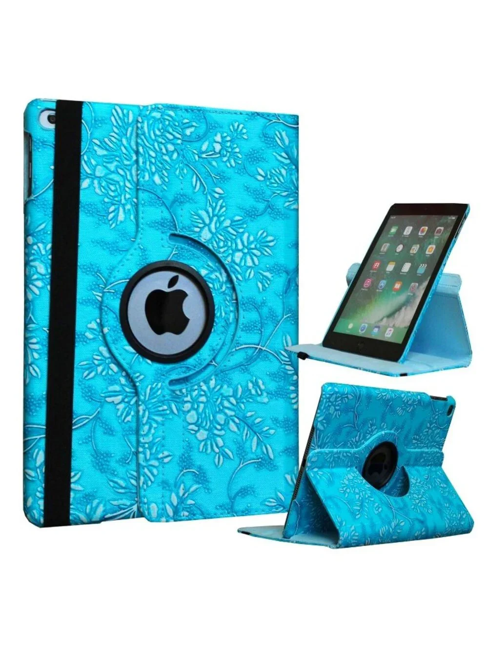 360 DEGREES ROTATING STAND (BLUE) STYLISH EMBOSSED FLOWERS CASE FOR IPAD 2